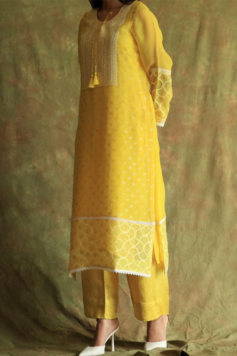 Yellow Mukaish Kamdani Noor Organza Chikankari Kurta Set