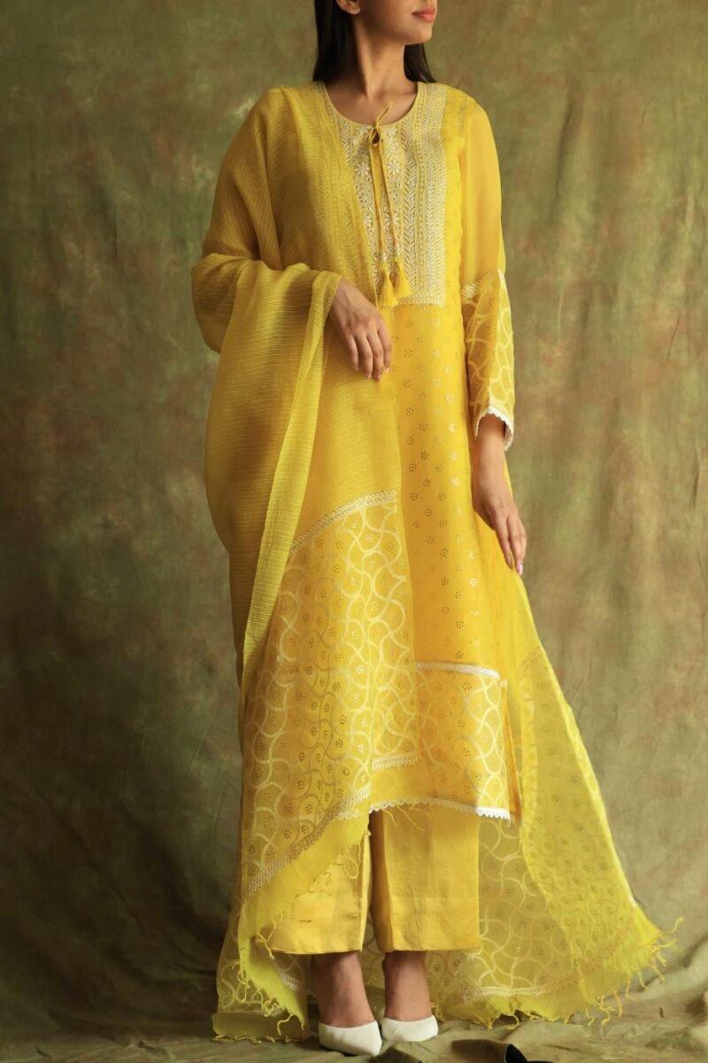 Yellow Mukaish Kamdani Noor Organza Chikankari Kurta Set