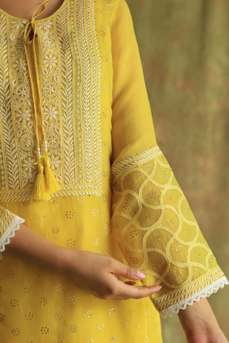 Yellow Mukaish Kamdani Noor Organza Chikankari Kurta Set