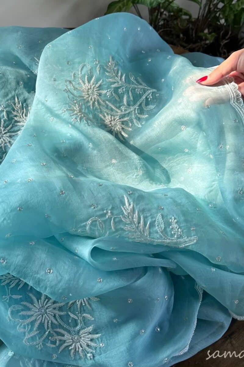 Ice Blue Noor Organza Cutwork Chikankari Saree