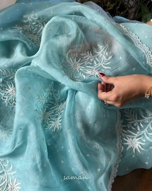 Ice Blue Noor Organza Cutwork Chikankari Saree - Image 7