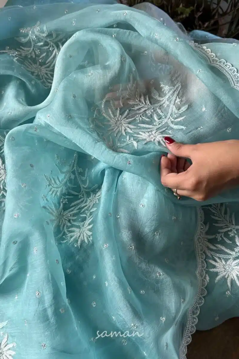 Ice Blue Noor Organza Cutwork Chikankari Saree