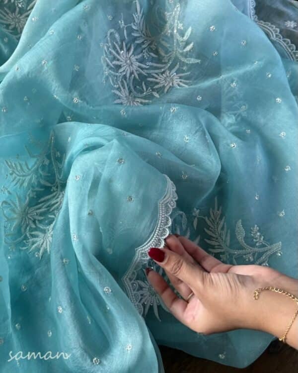 Ice Blue Noor Organza Cutwork Chikankari Saree - Image 6