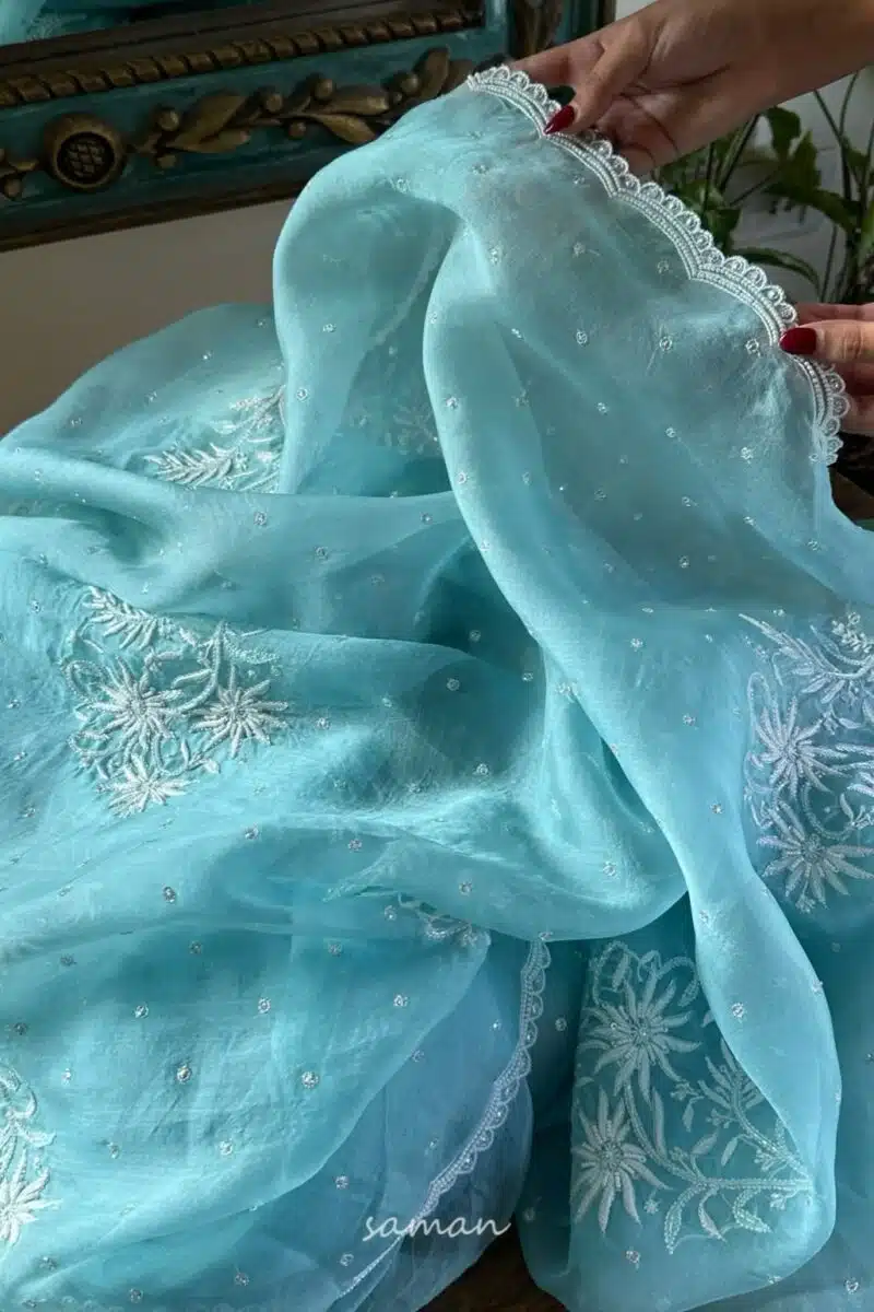 Ice Blue Noor Organza Cutwork Chikankari Saree