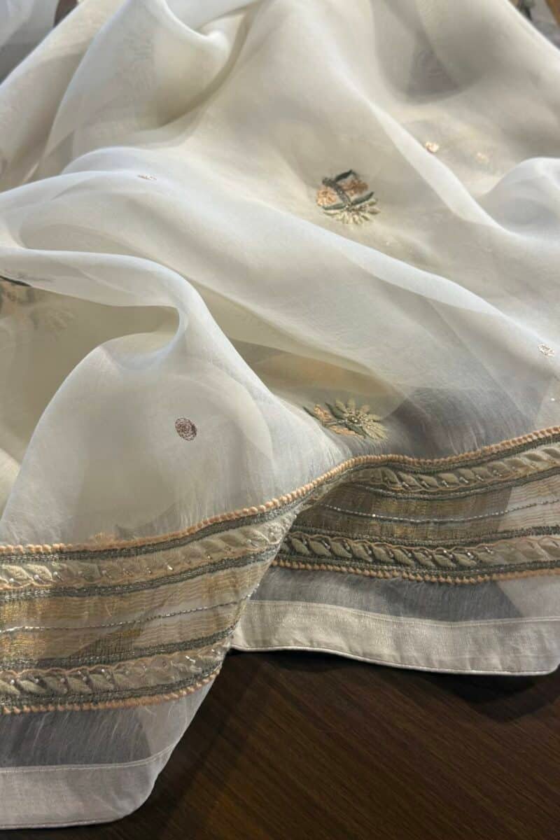 White Noor Banarasi Organza Chikankari Unstitched Fabrics