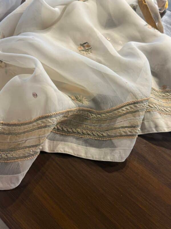 White Noor Banarasi Organza Chikankari Unstitched Fabrics - Image 5