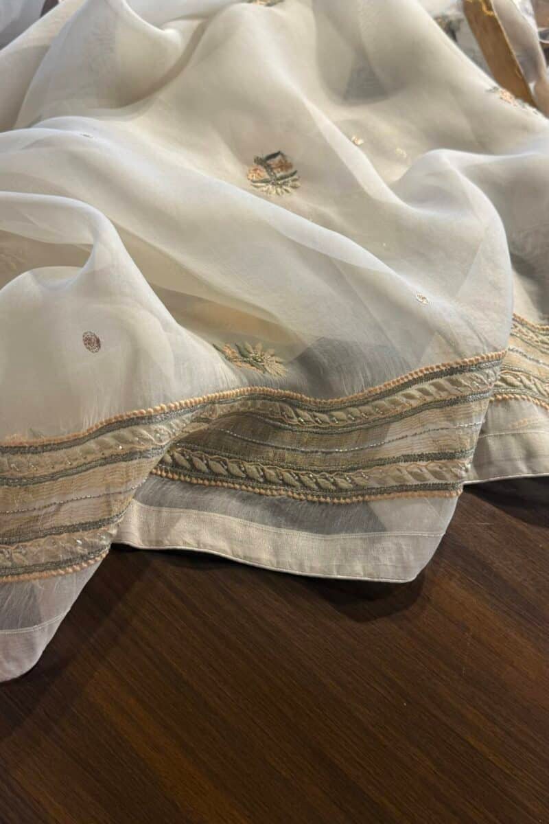 White Noor Banarasi Organza Chikankari Unstitched Fabrics