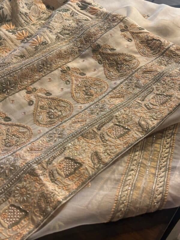 White Noor Banarasi Organza Chikankari Unstitched Fabrics
