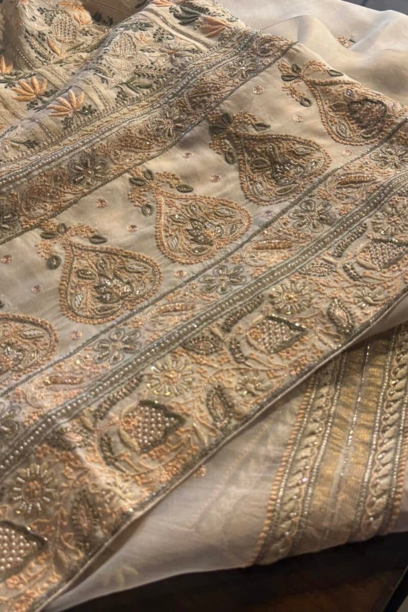 White Noor Banarasi Organza Chikankari Unstitched Fabrics