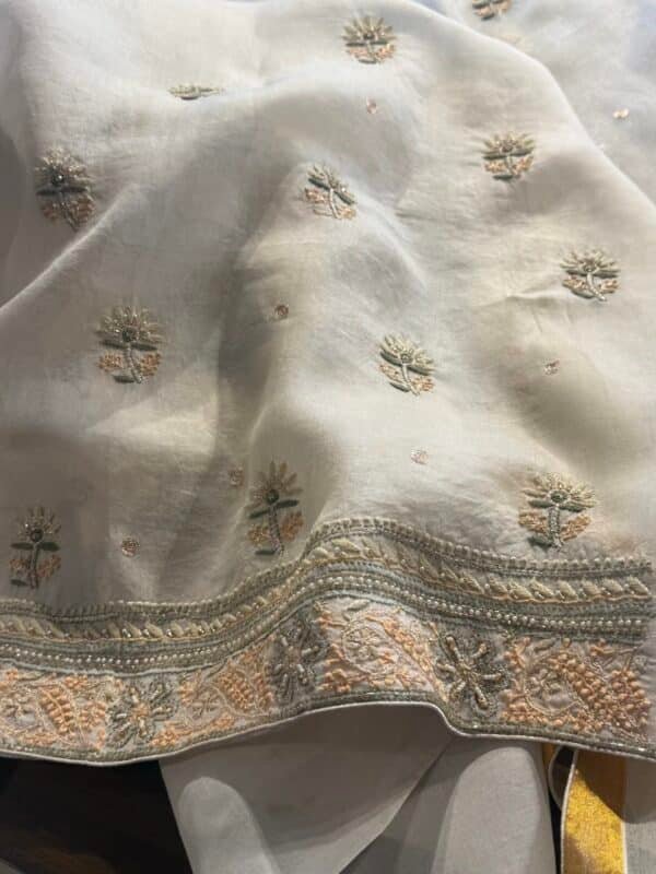 White Noor Banarasi Organza Chikankari Unstitched Fabrics - Image 6