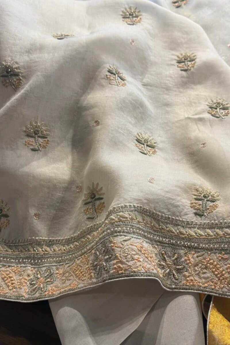 White Noor Banarasi Organza Chikankari Unstitched Fabrics