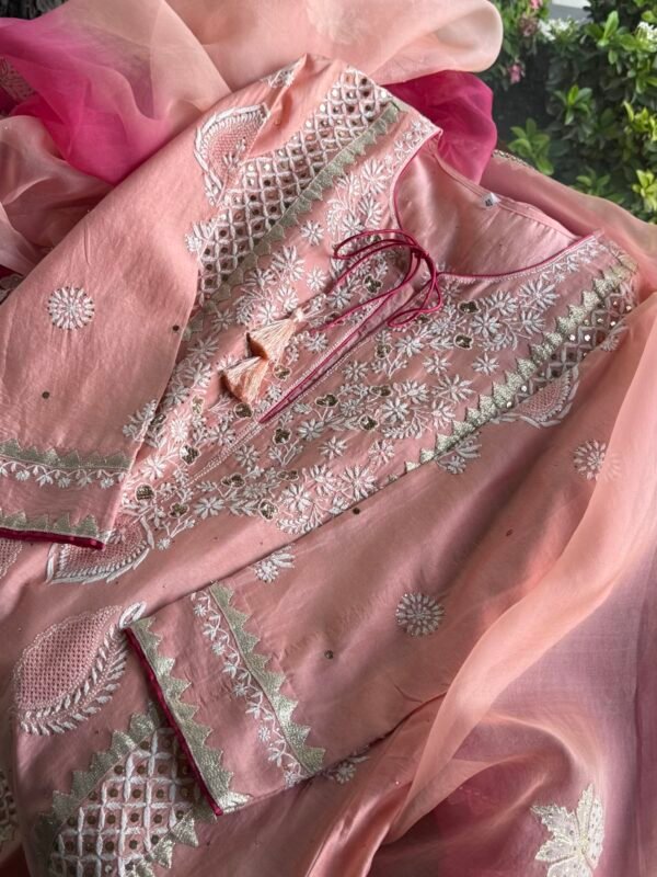 Chanderi Daraz Applique Chikankari Mukaish Kurta Dupatta Set - Image 2