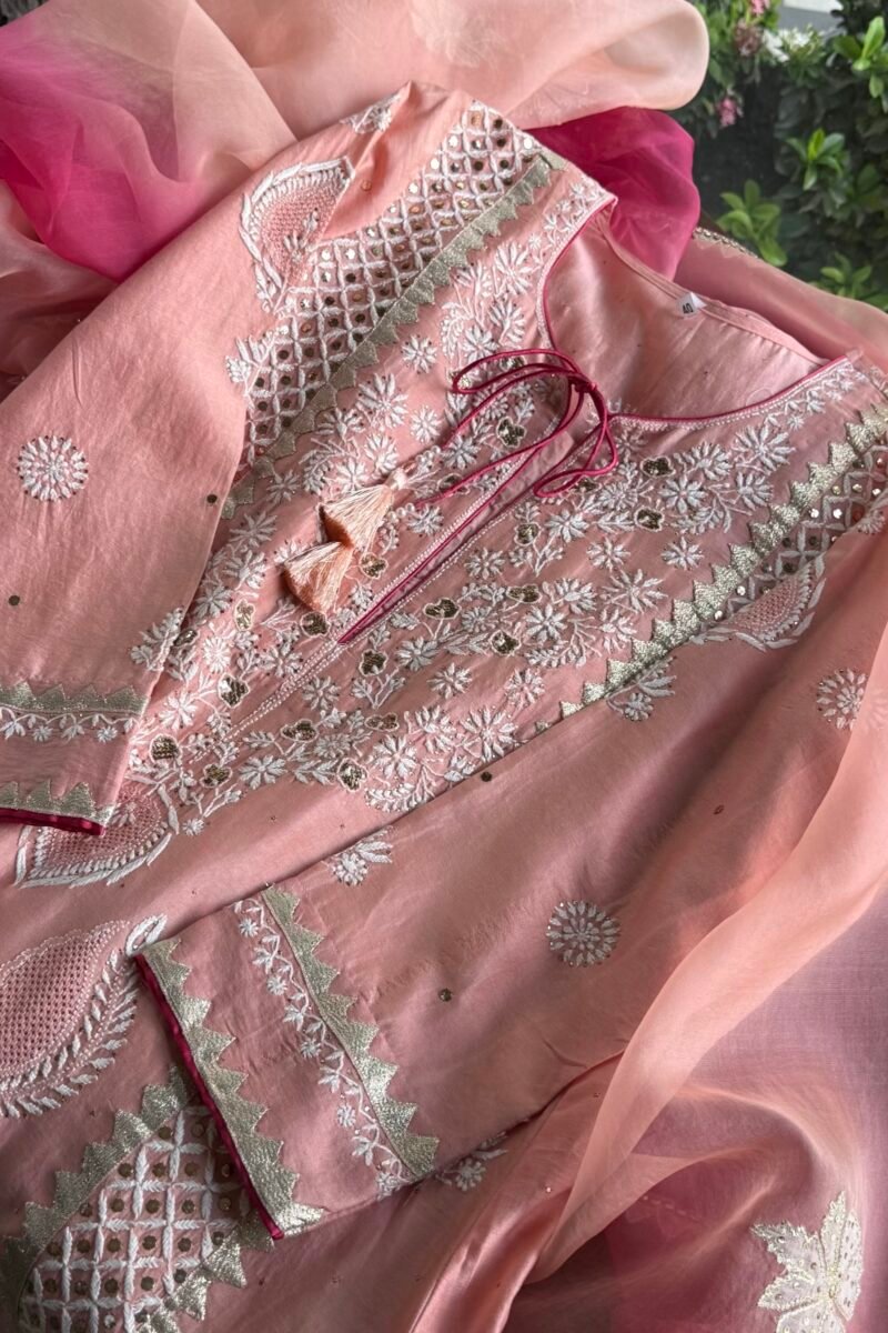Chanderi Daraz Applique Chikankari Mukaish Kurta Dupatta Set