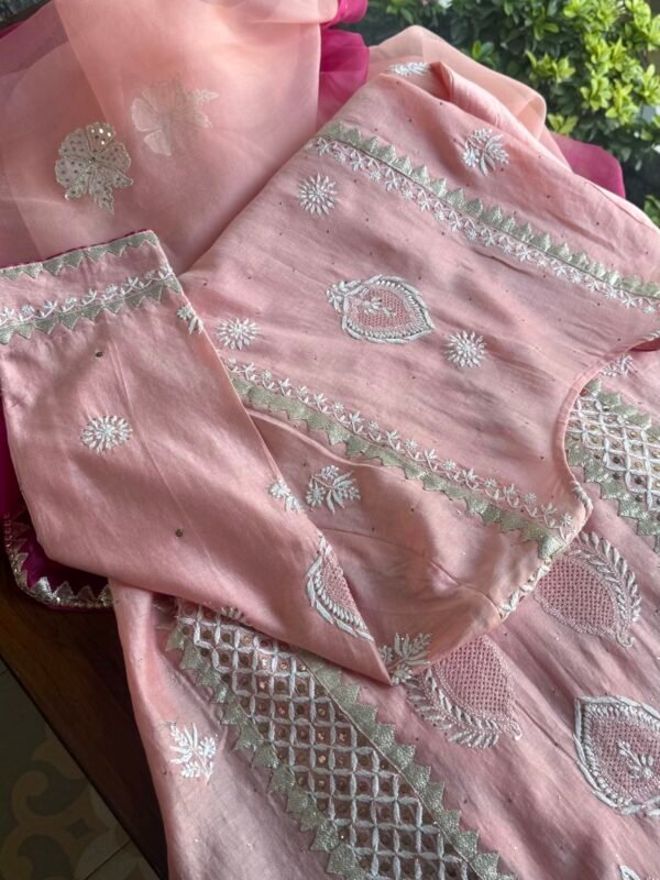 Chanderi Daraz Applique Chikankari Mukaish Kurta Dupatta Set - Image 7