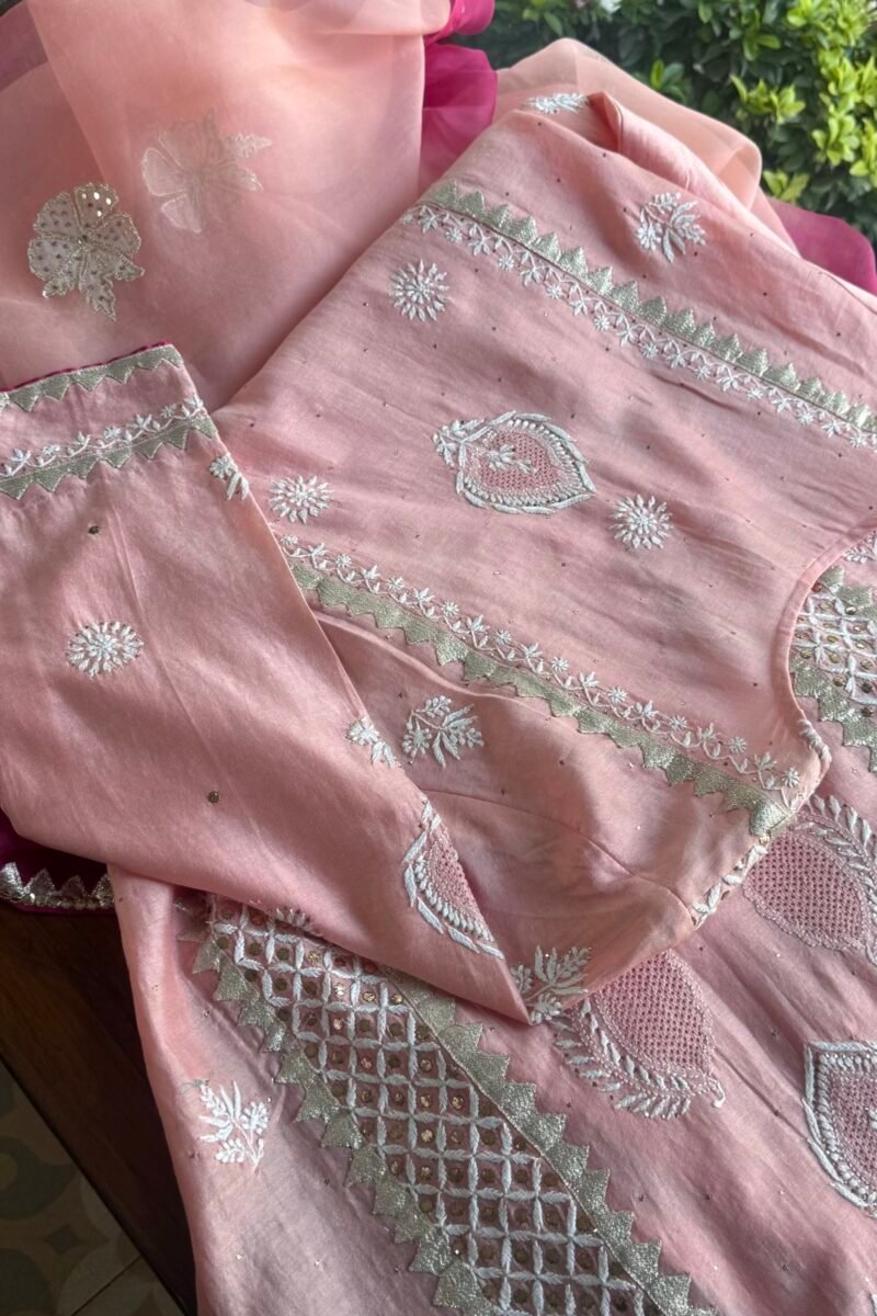 Chanderi Daraz Applique Chikankari Mukaish Kurta Dupatta Set