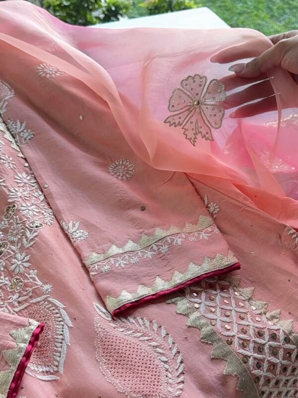 Chanderi Daraz Applique Chikankari Mukaish Kurta Dupatta Set - Image 4