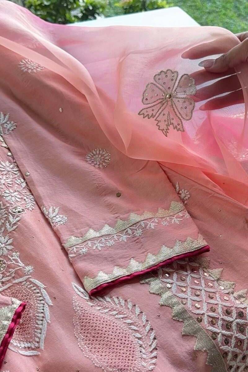 Chanderi Daraz Applique Chikankari Mukaish Kurta Dupatta Set