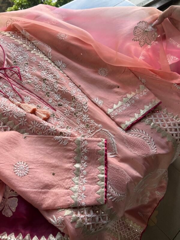 Chanderi Daraz Applique Chikankari Mukaish Kurta Dupatta Set - Image 3