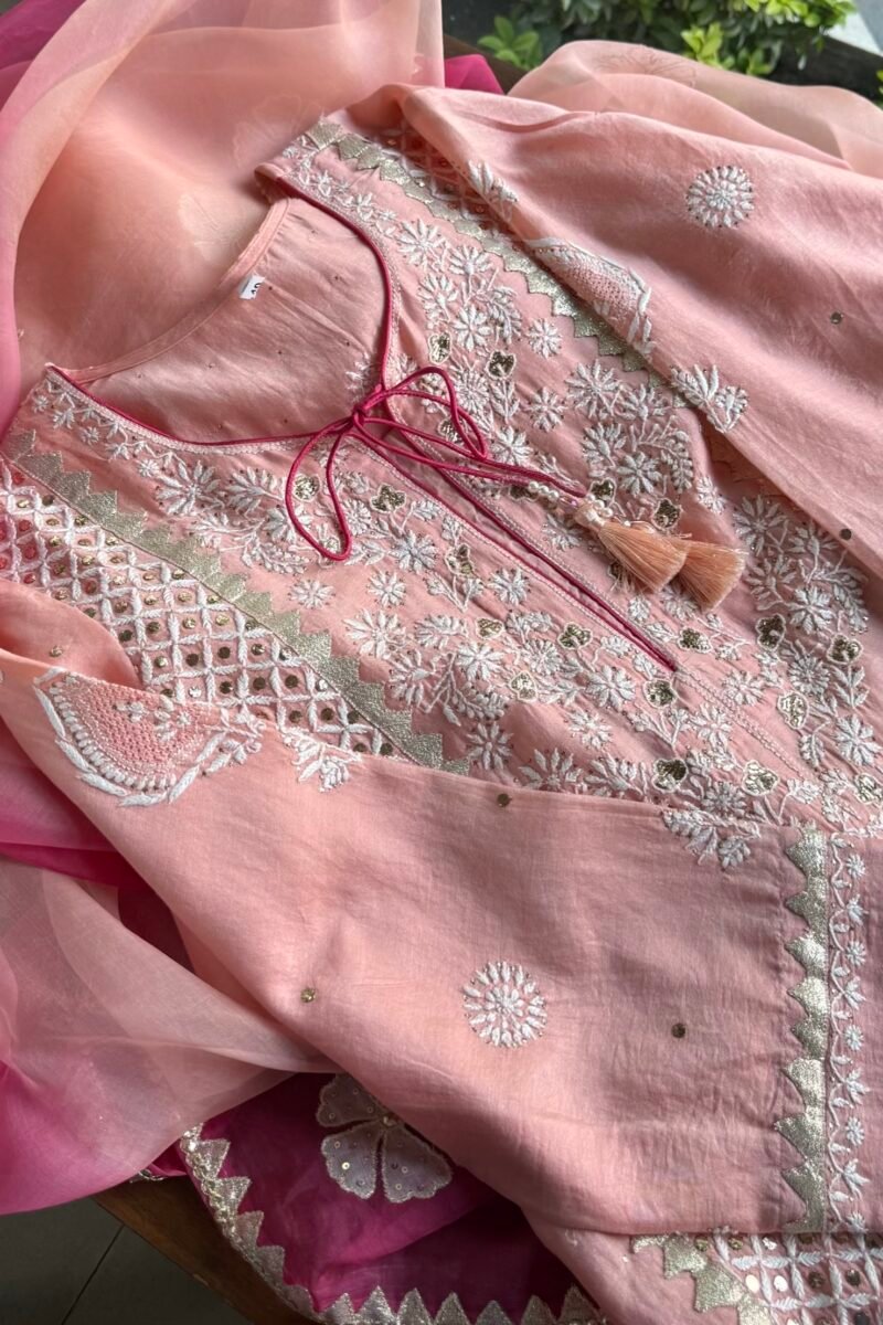 Chanderi Daraz Applique Chikankari Mukaish Kurta Dupatta Set