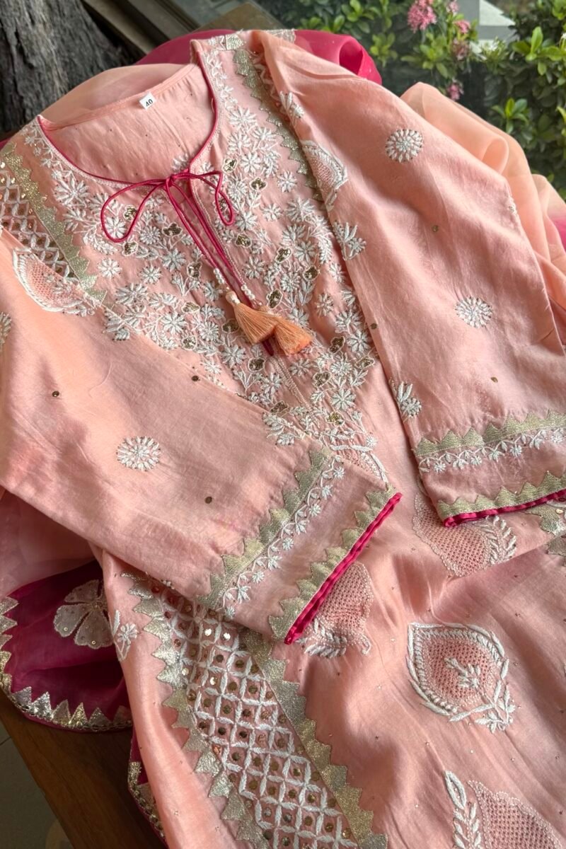 Chanderi Daraz Applique Chikankari Mukaish Kurta Dupatta Set