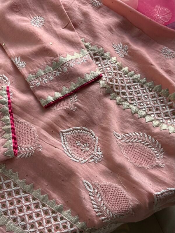 Chanderi Daraz Applique Chikankari Mukaish Kurta Dupatta Set - Image 6