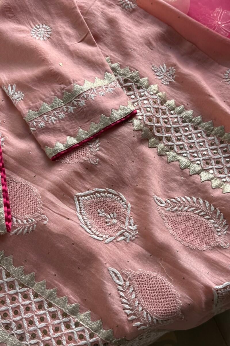 Chanderi Daraz Applique Chikankari Mukaish Kurta Dupatta Set