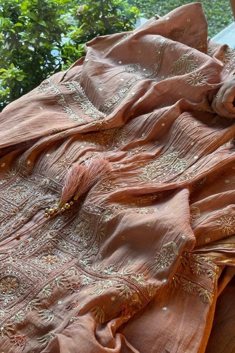 Brick Rose shade Tissue Silk Chikankari Anagarkha