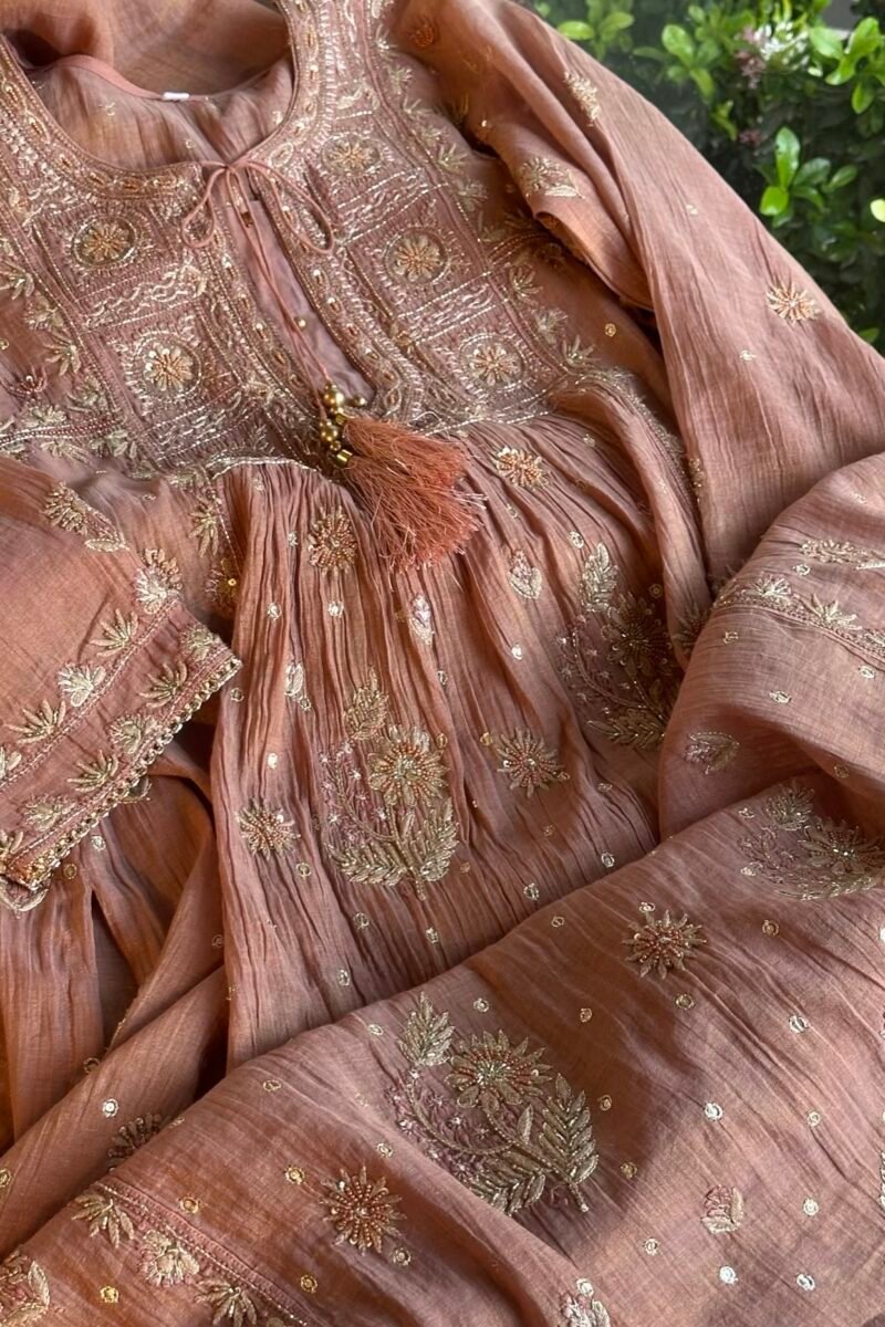 Brick Rose shade Tissue Silk Chikankari Anagarkha