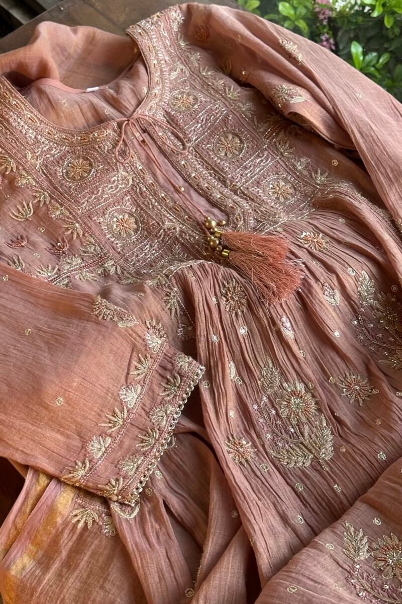 Brick Rose shade Tissue Silk Chikankari Anagarkha