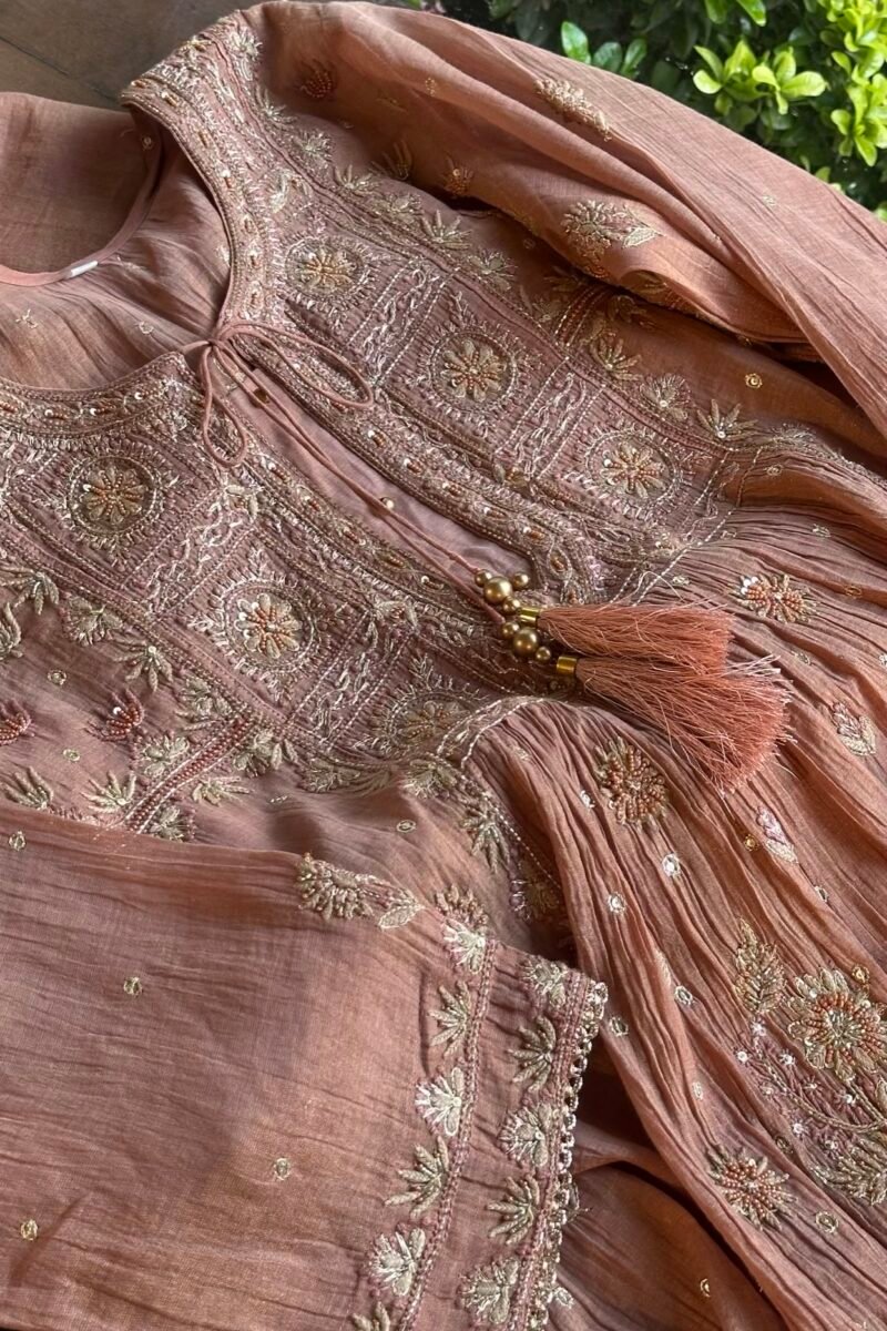 Brick Rose shade Tissue Silk Chikankari Anagarkha