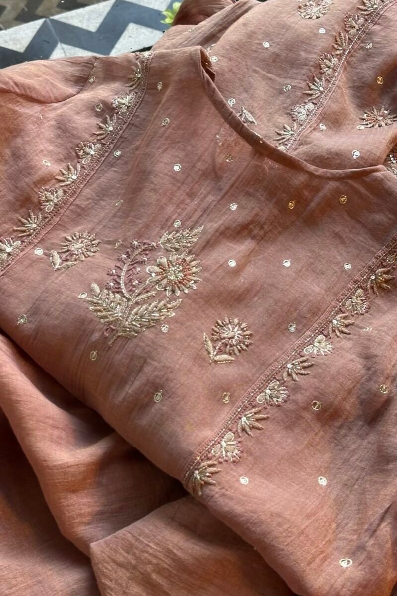Brick Rose shade Tissue Silk Chikankari Anagarkha