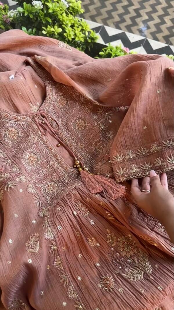 Brick Rose shade Tissue Silk Chikankari Anagarkha - Image 3
