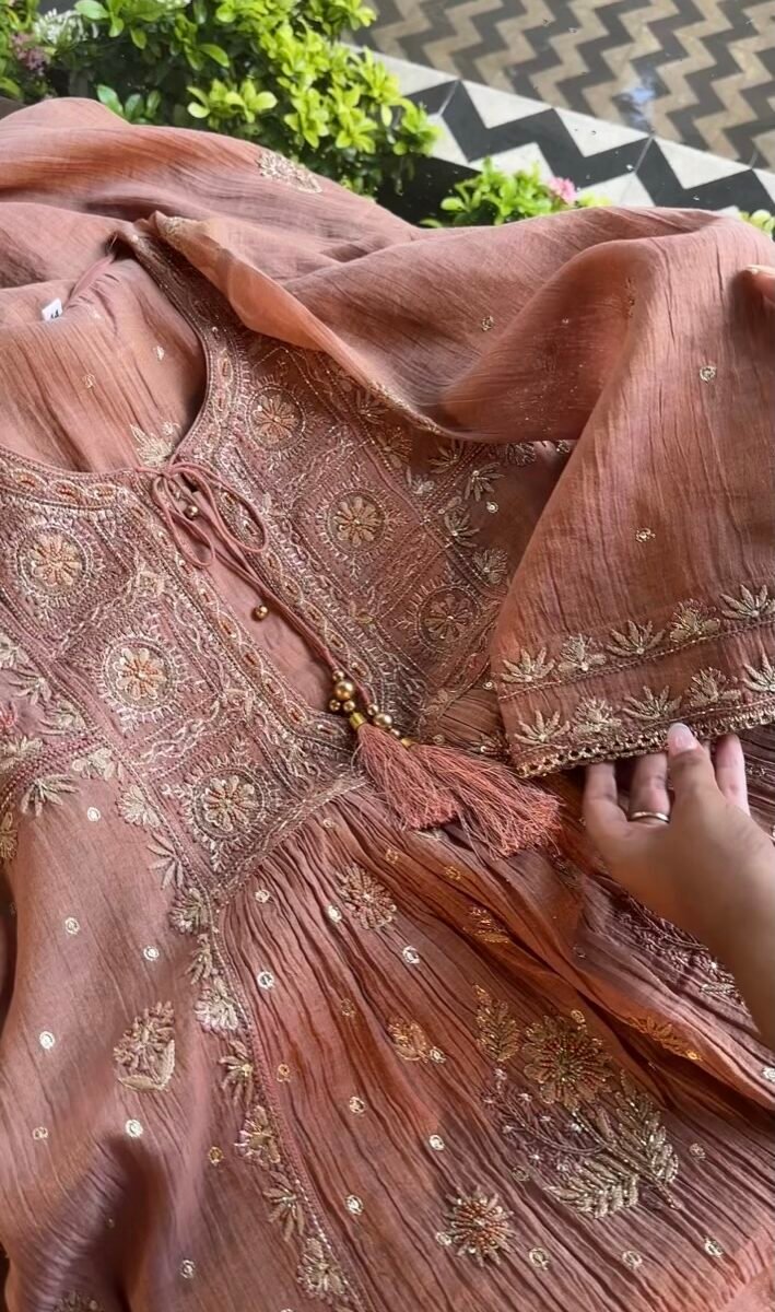 Brick Rose shade Tissue Silk Chikankari Anagarkha