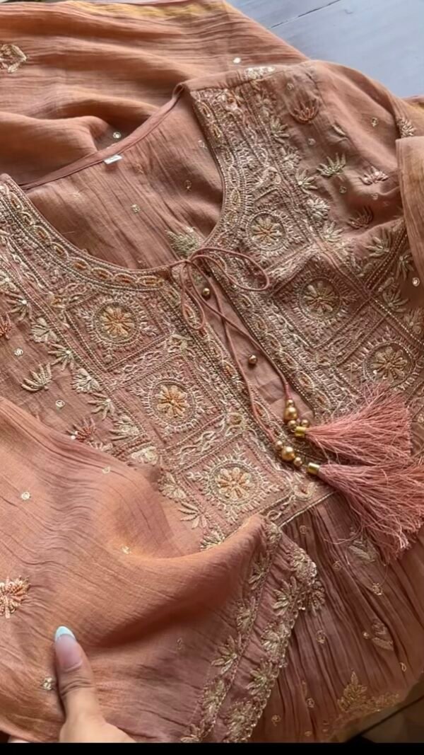 Brick Rose shade Tissue Silk Chikankari Anagarkha