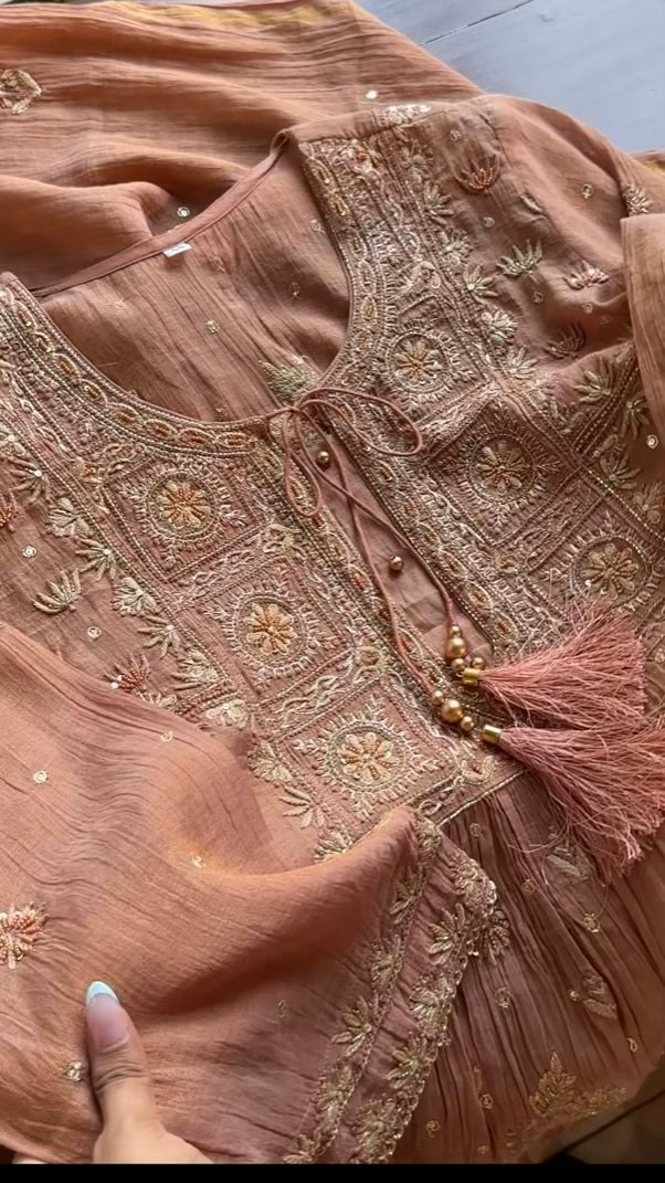 Brick Rose shade Tissue Silk Chikankari Anagarkha