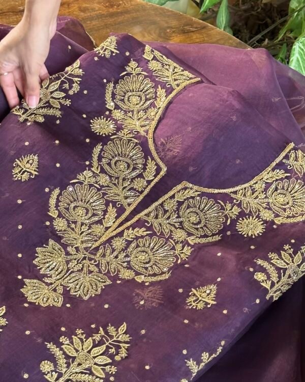 Deep Purple Noor Organza Silk Chikankari Unstitched Fabrics - Image 3