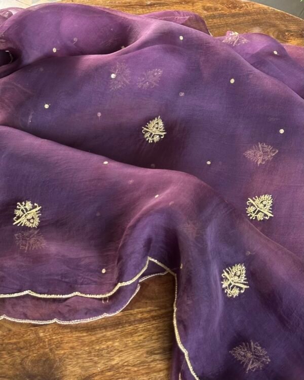 Deep Purple Noor Organza Silk Chikankari Unstitched Fabrics - Image 8