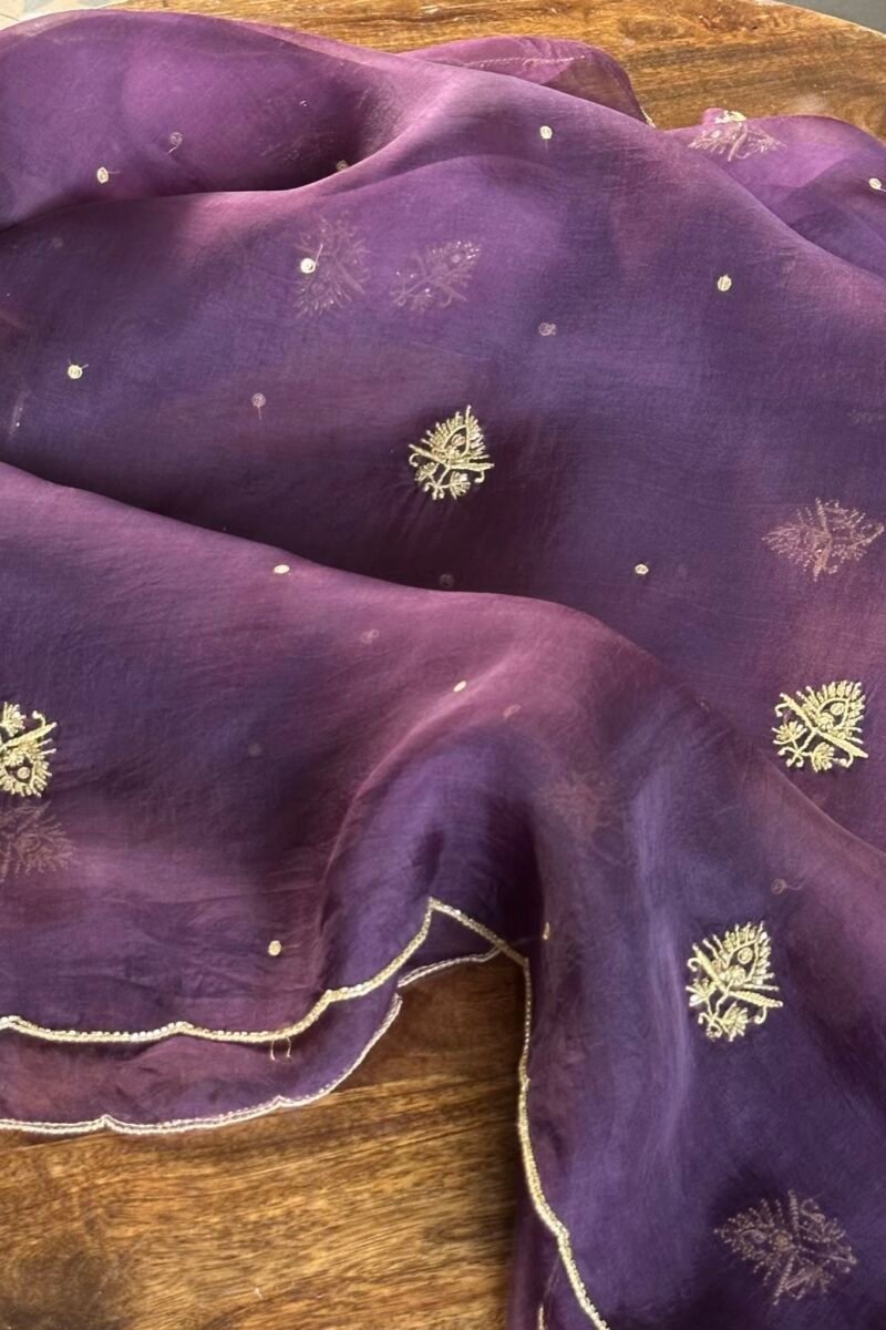 Deep Purple Noor Organza Silk Chikankari Unstitched Fabrics