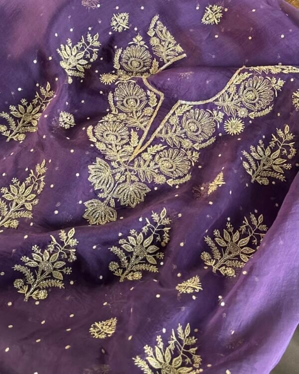 Deep Purple Noor Organza Silk Chikankari Unstitched Fabrics - Image 5
