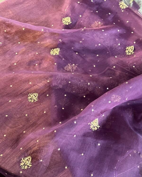 Deep Purple Noor Organza Silk Chikankari Unstitched Fabrics - Image 6
