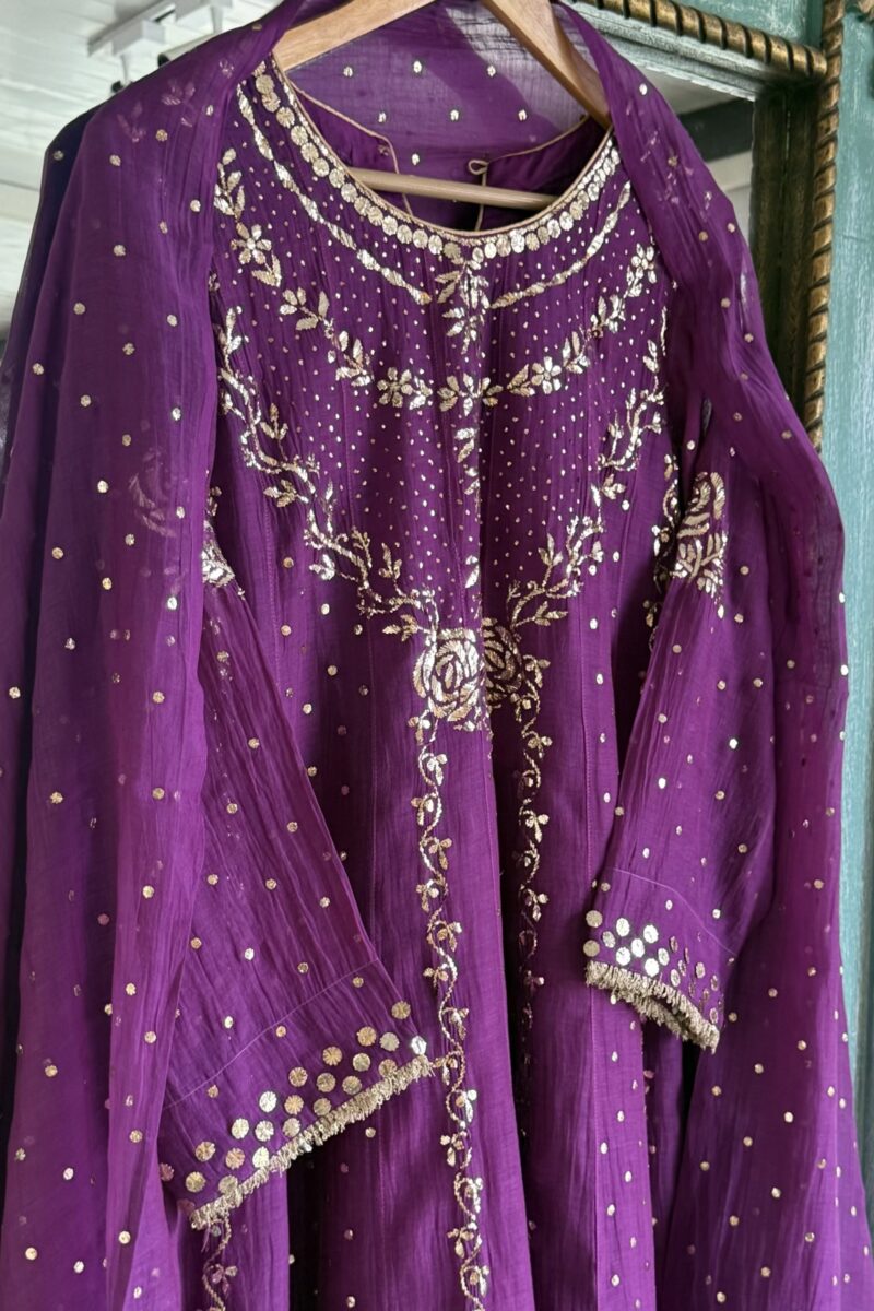 Deep Purple Mal Chanderi Mukaish Badla Anarkali Kurta Set