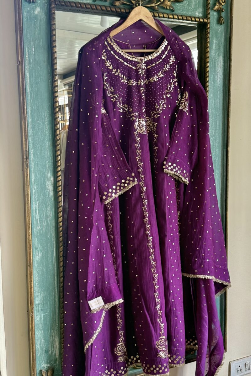 Deep Purple Mal Chanderi Mukaish Badla Anarkali Kurta Set