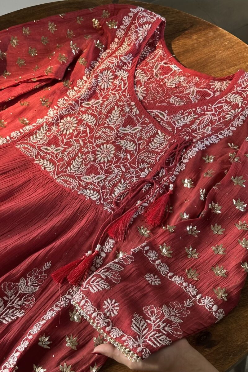 Watermelon Red Malmal Mukaish Kamdani & Chikankari Angarkha Kurta Dupatta Set