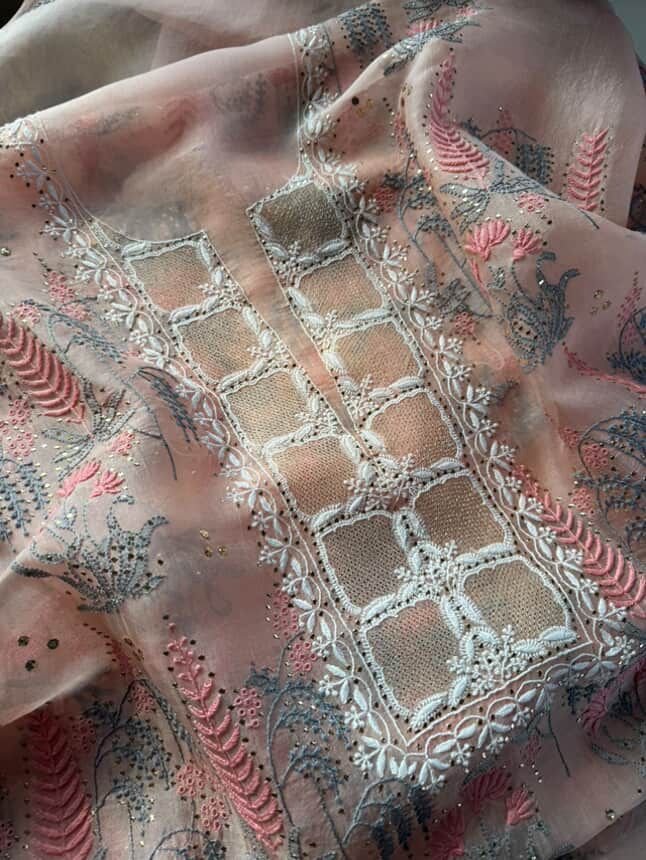 Peach Noor Organza Silk Chikankari With Mukaish Kamdani Fabric
