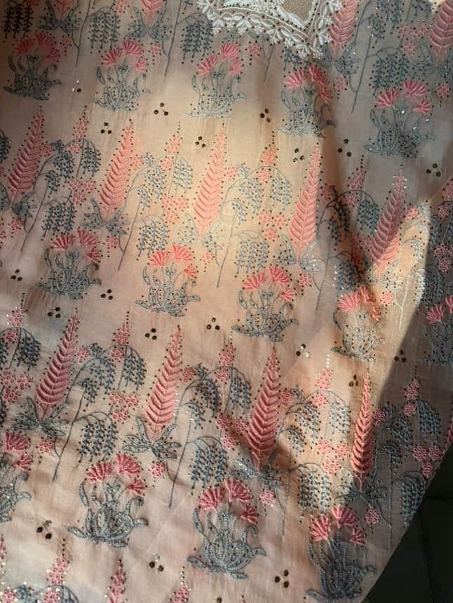 Peach Noor Organza Silk Chikankari With Mukaish Kamdani Fabric