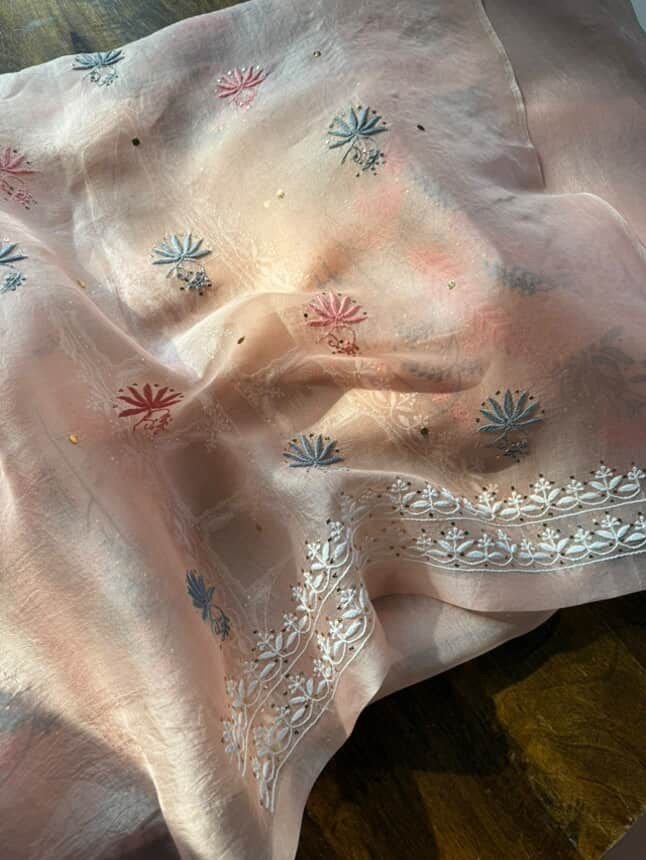 Peach Noor Organza Silk Chikankari With Mukaish Kamdani Fabric