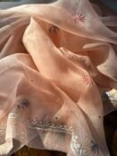 Peach Noor Organza Silk Chikankari With Mukaish Kamdani Fabric