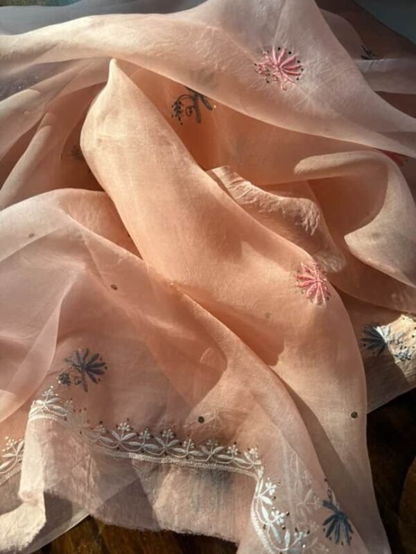 Peach Noor Organza Silk Chikankari With Mukaish Kamdani Fabric - Image 7