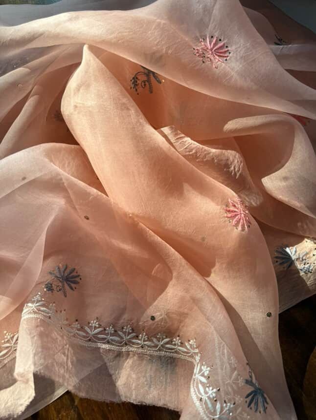 Peach Noor Organza Silk Chikankari With Mukaish Kamdani Fabric