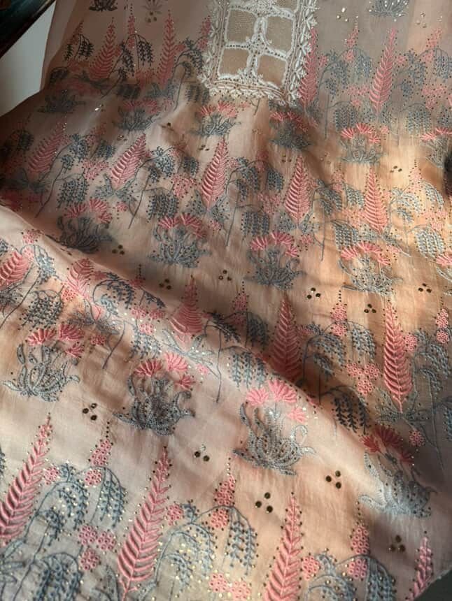 Peach Noor Organza Silk Chikankari With Mukaish Kamdani Fabric